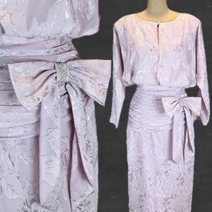 VINTAGE 80s lilac damask floral formal dress rhinestone bow drop ruched wait